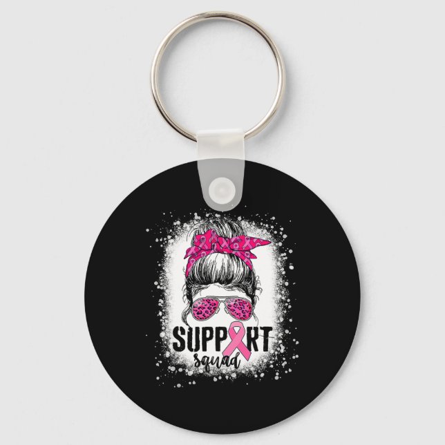 Support Squad Messy Bun Pink Warrior Breast Cancer Key Ring (Front)