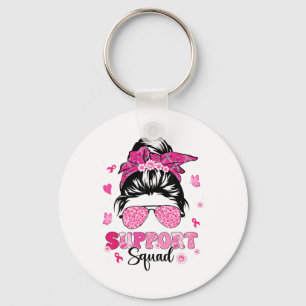 Support Squad Messy Bun Pink Warrior Breast Cancer Key Ring