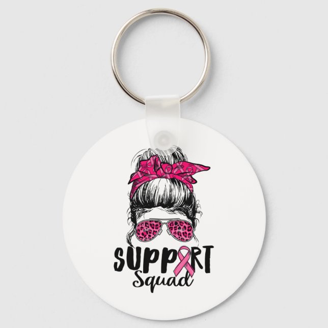 Support Squad Messy Bun Pink Warrior Breast Cancer Key Ring (Front)