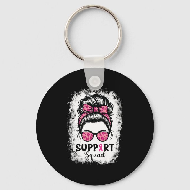 Support Squad Messy Bun Pink Warrior Breast Cancer Key Ring (Front)