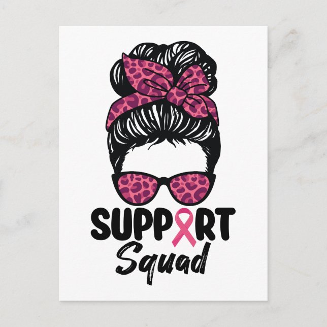 Support Squad Messy Bun Pink Warrior Breast Cancer Postcard (Front)