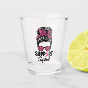 Support Squad Messy Bun Pink Warrior Breast Cancer Shot Glass