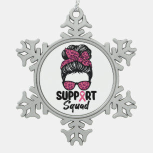 Support Squad Messy Bun Pink Warrior Breast Cancer Snowflake Pewter Christmas Ornament