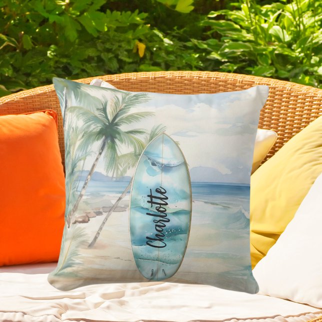 Surboard beach palm trees name cushion (Creator Uploaded)