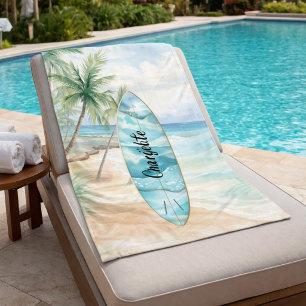 Surboard beach palm trees name fleece blanket