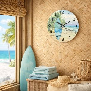 Surboard beach palm trees name large clock