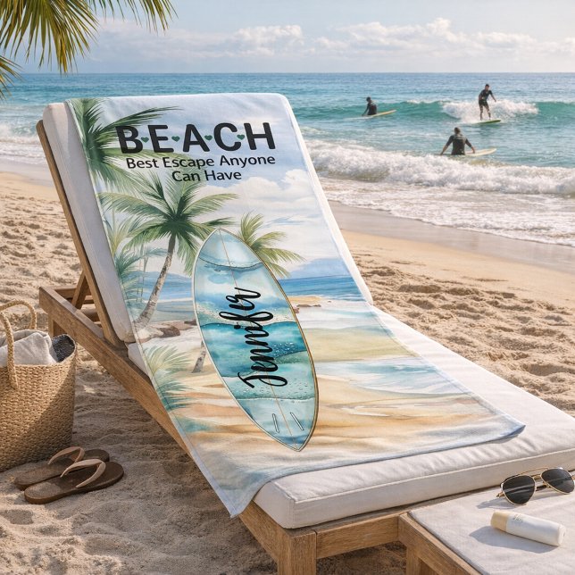 Surboard beach palm trees name quote beach towel (Creator Uploaded)