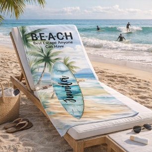 Surboard beach palm trees name quote towel