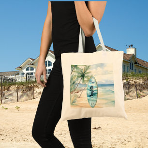 Surboard beach palm trees name tote bag