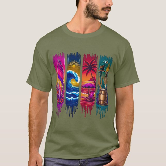 Surf and Beach Design Tropical Elements Dripping E T-Shirt (Front)