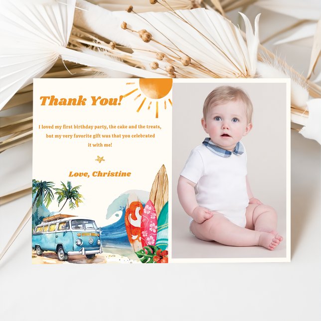Surf Beach Birthday Party Photo Thank You Card (Creator Uploaded)