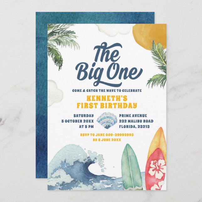 Surf Beach Summer Big One First Birthday Invitatio Invitation (Front/Back)