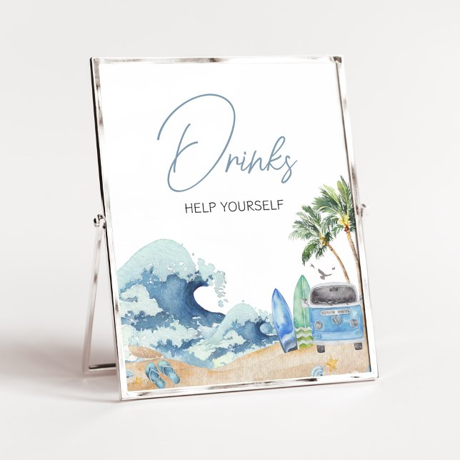 Surf Board Beach Baby Shower Drinks Poster (Surfing Summer Baby Shower Drinks Sign)