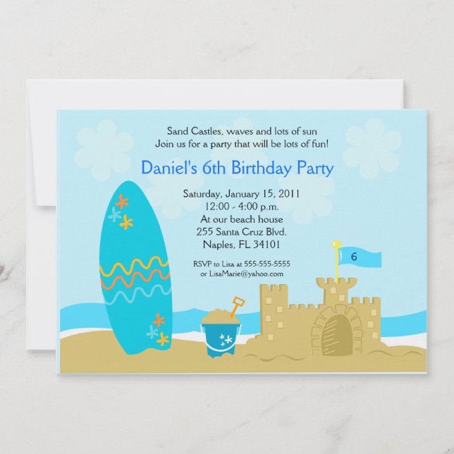 SURF BOARD BEACH SAND CASTLE 5x7 Custom Invitation (Front)