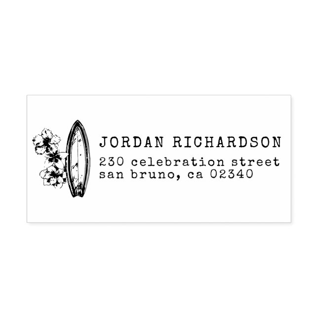Surf Board & Hibiscus Custom Name & Return Address Rubber Stamp (Imprint)