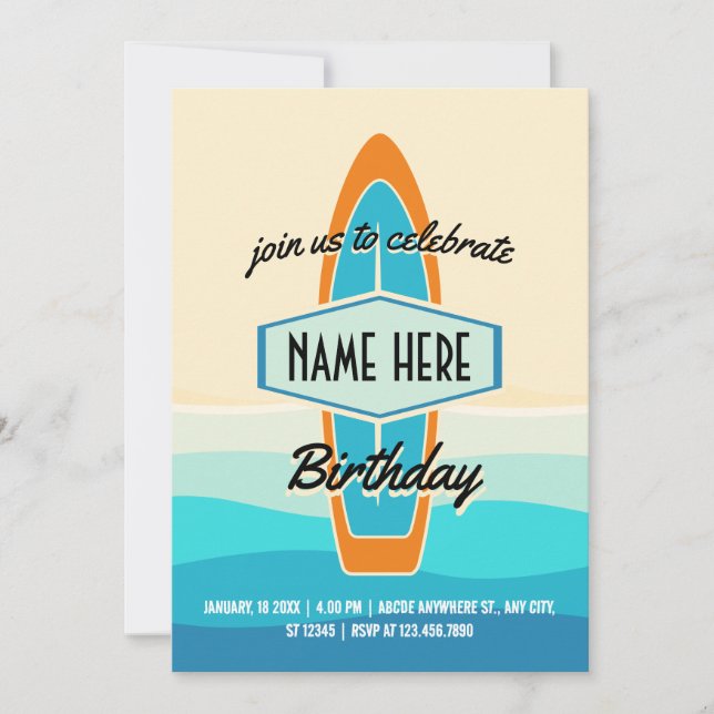 Surf board on beach birthday invitation (Front)