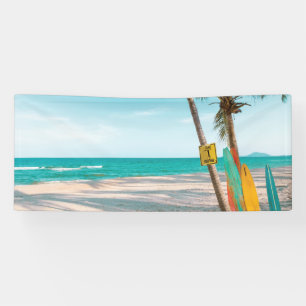 Surf boards on beach throw pillow banner