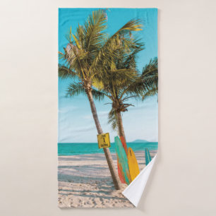 Surf boards on beach throw pillow bath towel