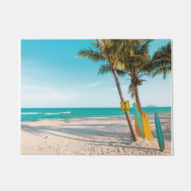 Surf boards on beach throw pillow doormat (Front)