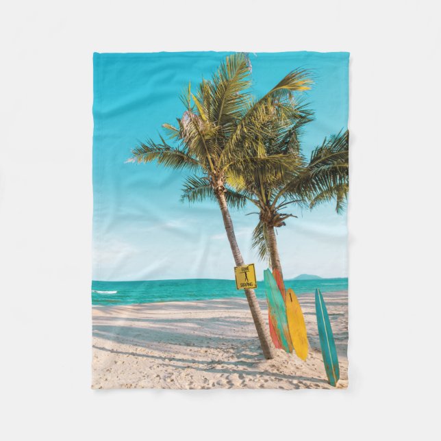Surf boards on beach throw pillow fleece blanket (Front)