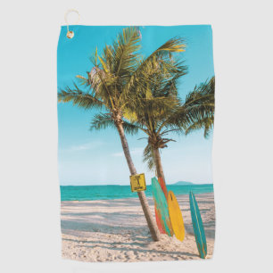 Surf boards on beach throw pillow golf towel