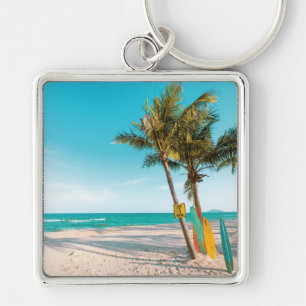 Surf boards on beach throw pillow key ring