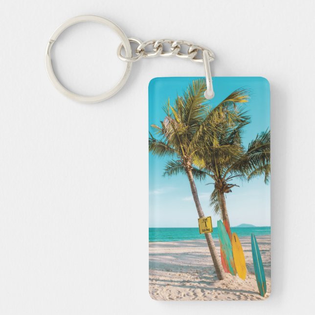 Surf boards on beach throw pillow key ring (Front)