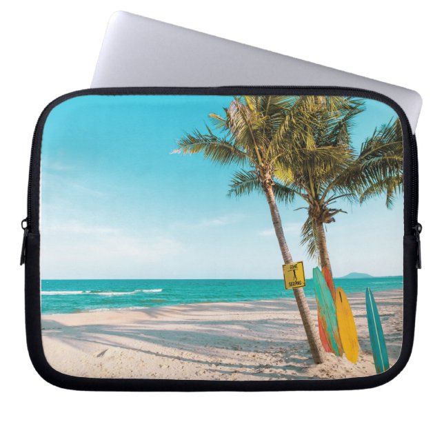 Surf boards on beach throw pillow laptop sleeve (Front)
