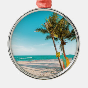 Surf boards on beach throw pillow metal tree decoration