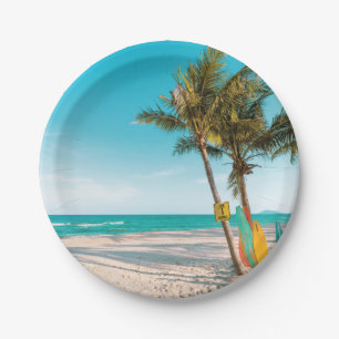 Surf boards on beach throw pillow paper plate