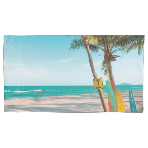 Surf boards on beach throw pillow pillowcase