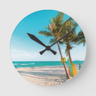 Surf boards on beach throw pillow round clock