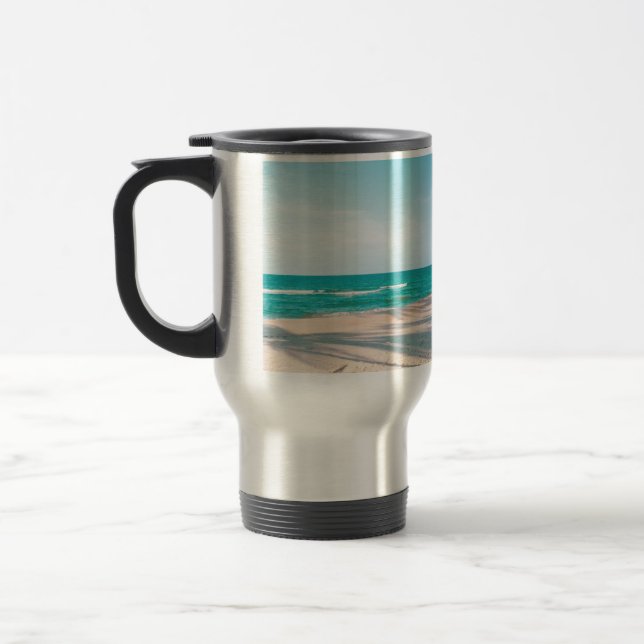 Surf boards on beach throw pillow travel mug (Left)