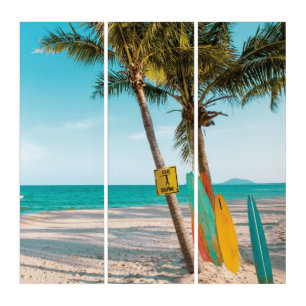 Surf boards on beach throw pillow triptych