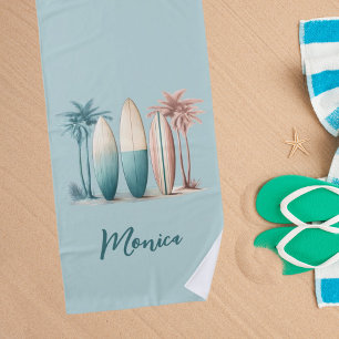 Surf boards palm trees retro sage green beach towel