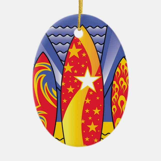 Surf Boards, Retro Art Deco Ceramic Tree Decoration (Front)