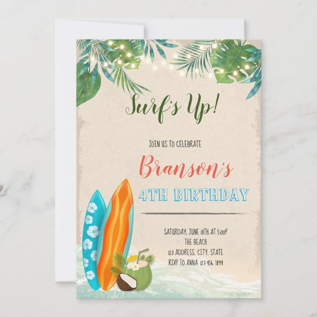 Surf boy luau birthday theme invitation (Front)