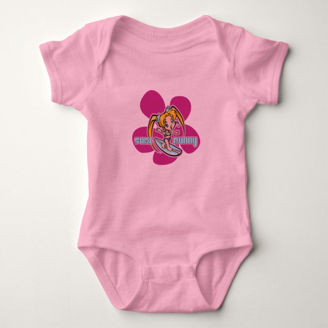 Surf Bunny Surfer Girl Cartoon Baby Bodysuit (Front)
