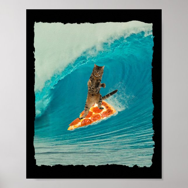 Surf Cat Shirt Kitty Riding A Wave With A Pizza Su Poster (Front)