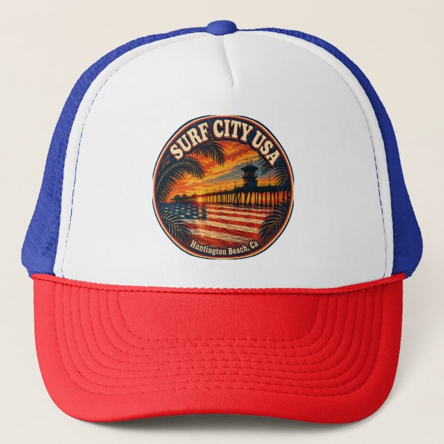 SURF CITY USA  Sunset & Flag   Trucker Hat (Front)