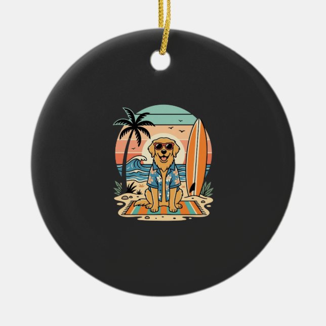 Surf Dog Retro Beach Summer Ceramic Tree Decoration (Front)
