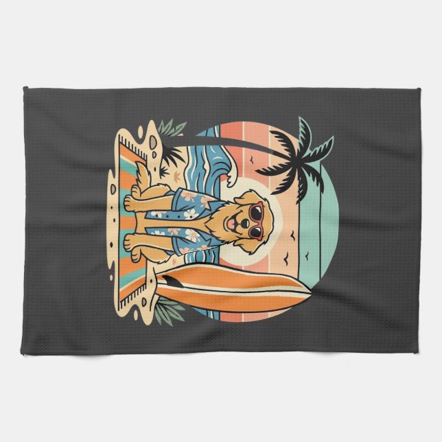 Surf Dog Retro Beach Summer Tea Towel (Horizontal)