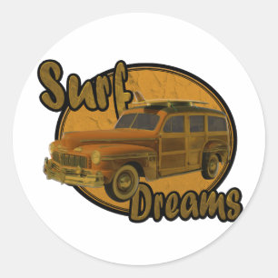 surf dreams woodie wagon brown classic round sticker
