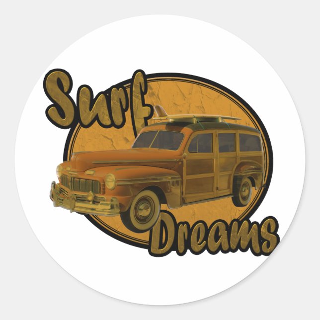 surf dreams woodie wagon brown classic round sticker (Front)