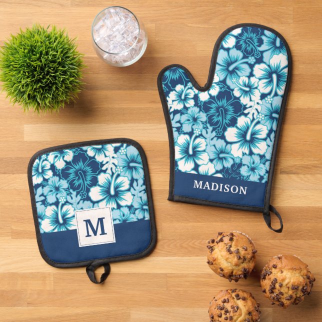 Surf Floral Hibiscus Pattern Oven Mitt & Pot Holder Set (Top Down)