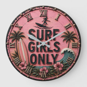 Surf Girls Only Beach Pink Coastal Surf House Deco Large Clock