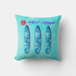 Surf Hawaii Surfboards on a Turquoise background Cushion