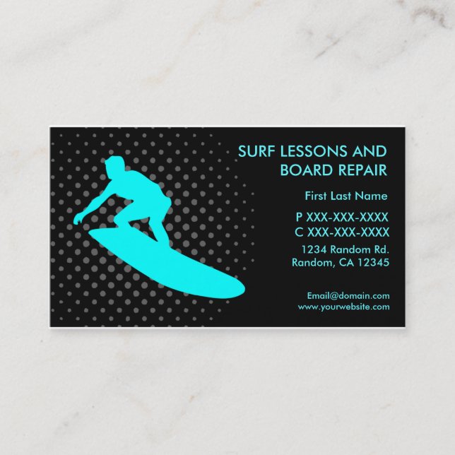 Surf lessons board repair custom business card (Front)