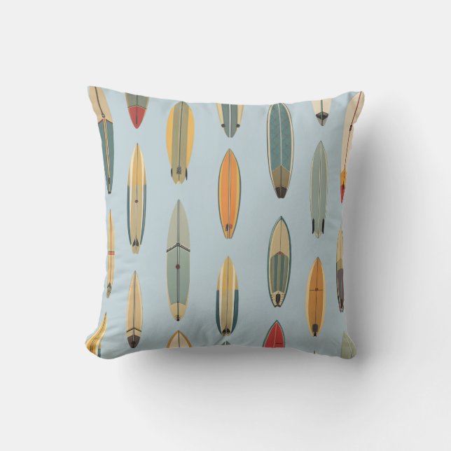 Surf Life | Retro Coastal Blue Surfboard Graphic Cushion (Front)