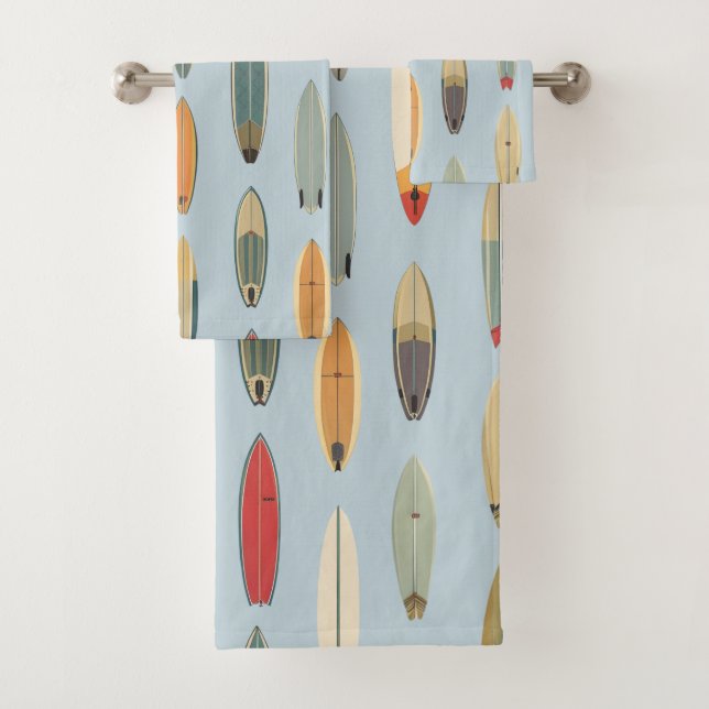 Surf Life - Retro Coastal Blue Surfboard Print Bath Towel Set (Insitu)